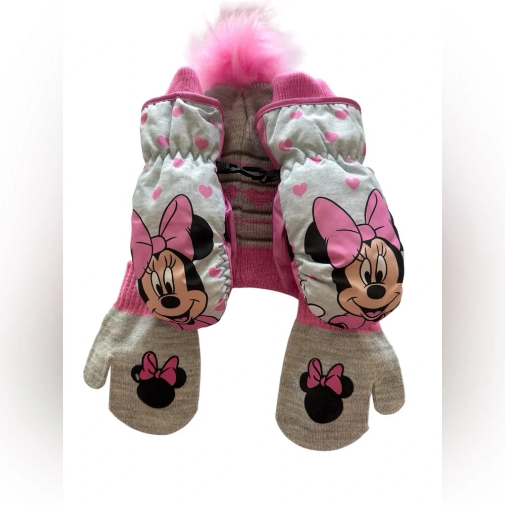 Disney Minnie Mouse Hat & Mittens Set - Pink and Gray - Girls